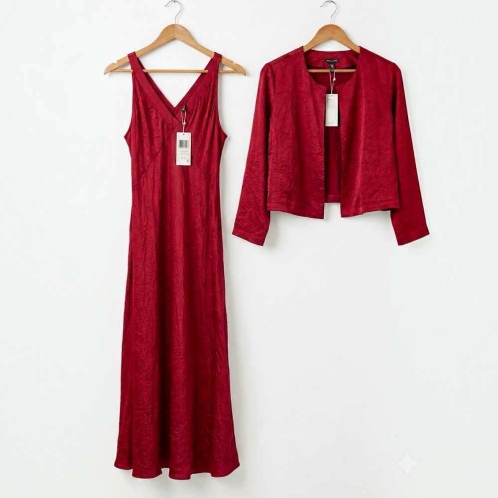 Eileen Fisher Maxi Dress and Jacket Bundle Size Medium Ruby Crinkled Satin